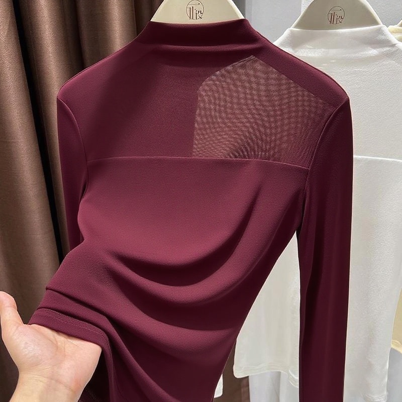 Red Mesh Patchwork Long-Sleeve Base Shirt for Women in Autumn, with a Half-High Collar and Slim Fit, Suitable as an Inner Layer for Sweaters