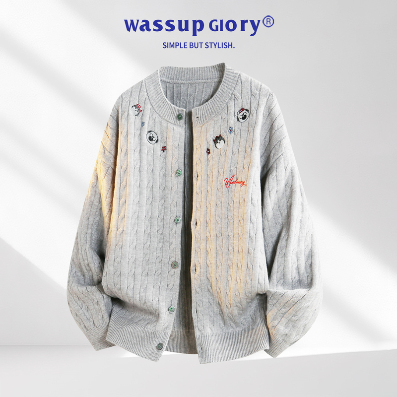 Wassup Glory Embroidered Sweater Men's 2026 New Autumn American Style Lazy Cardigan Knitwear Jacket