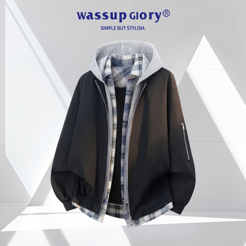 Wassup Glory American-Style Hooded Jacket for Men, Autumn Fake Two-Piece Plaid Top with Patchwork Outdoor Cardigan Coat