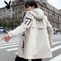 Playboy mid-length windbreaker mens jacket spring and autumn 2021 new casual Korean trend hooded jacket