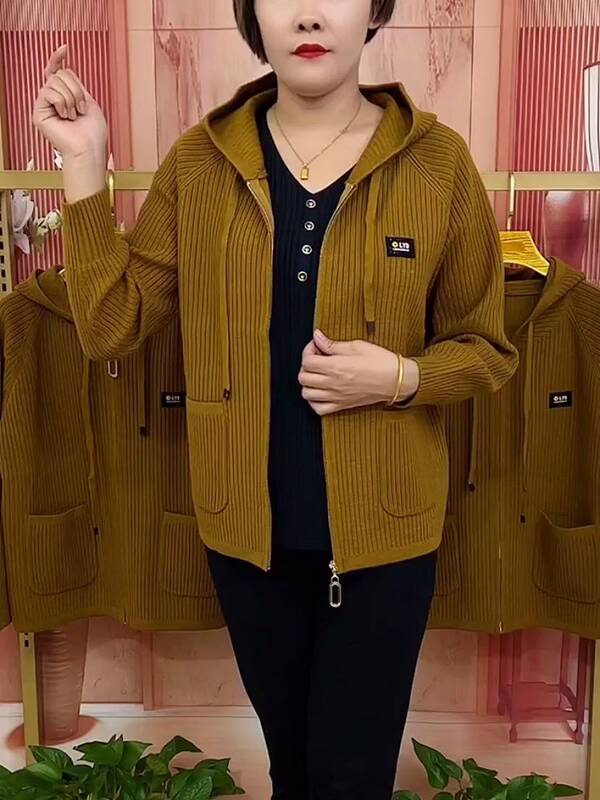 Hat-Style Double-Pocket Drawstring Solid Color Vertical Stripe Jacket, New Autumn 2022 Fashion Versatile Cardigan for Middle-Aged and Elderly Women