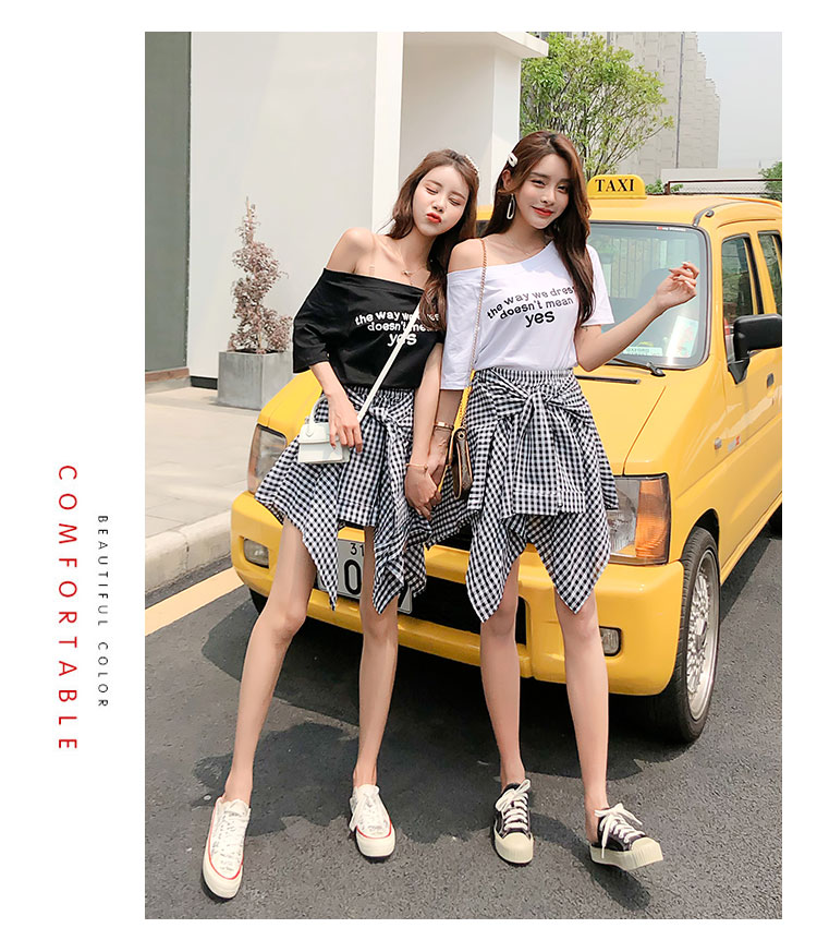 VK旗艦店 韓系斜肩字母不規則格紋閨蜜套裝短袖裙裝