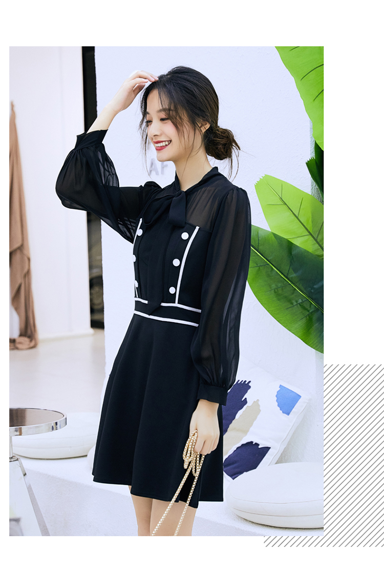 VK旗艦店 韓國風經典領結小香風設計感排釦長袖洋裝