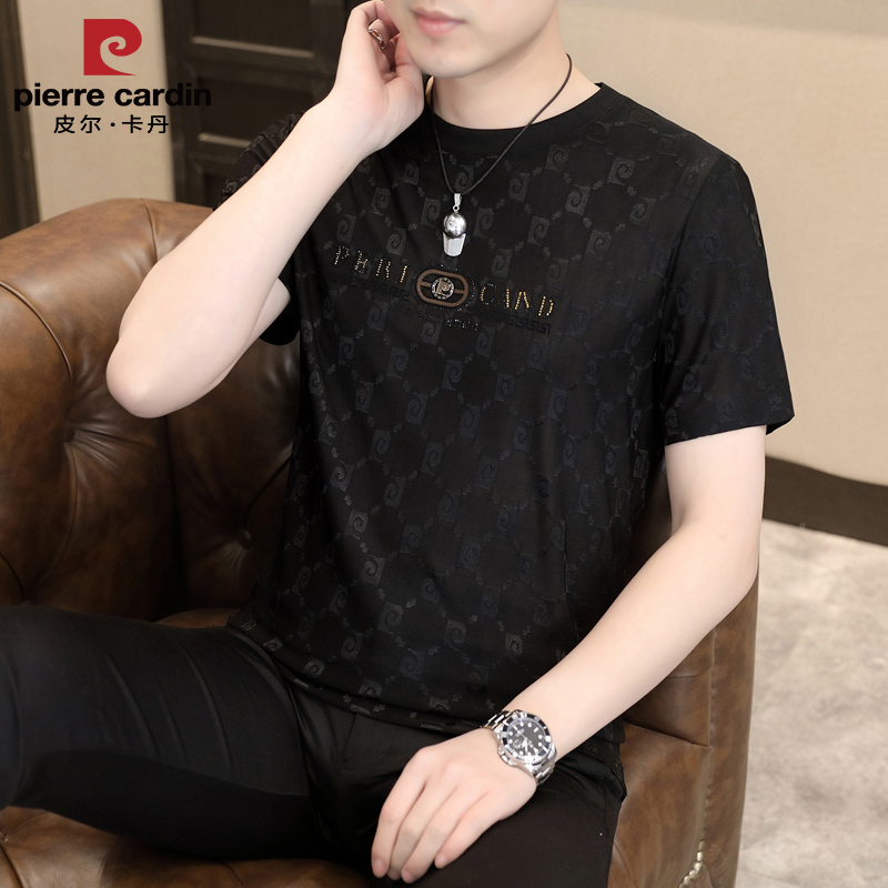 Pierre Cardin Genuine Summer Ice Silk Short-Sleeved T-Shirt for Men, High-End Jacquard Light Luxury T-Shirt, Trendy Men's Round-Neck T-Shirt