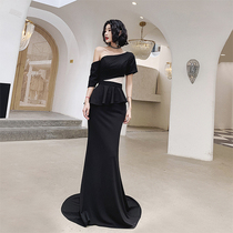 Evening dress women 2020 new banquet noble temperament shoulder long black slim annual host dress dress dress