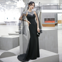 Banquet evening dress dress female temperament black long host high-end annual air field Queen heavy industry dress Spring