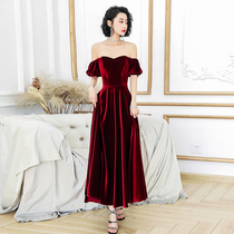 Evening dress dress female banquet temperament 2020 new annual meeting retro velvet wine dress bride toast