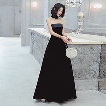 High end evening dress female 2020 new banquet temperament long annual host black velvet dress retro