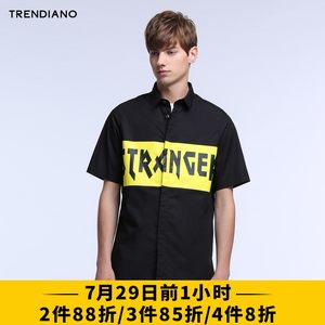 TRENDIANO新男装秋装字母撞色印花纯棉中长款短袖衬衫3JC3015120