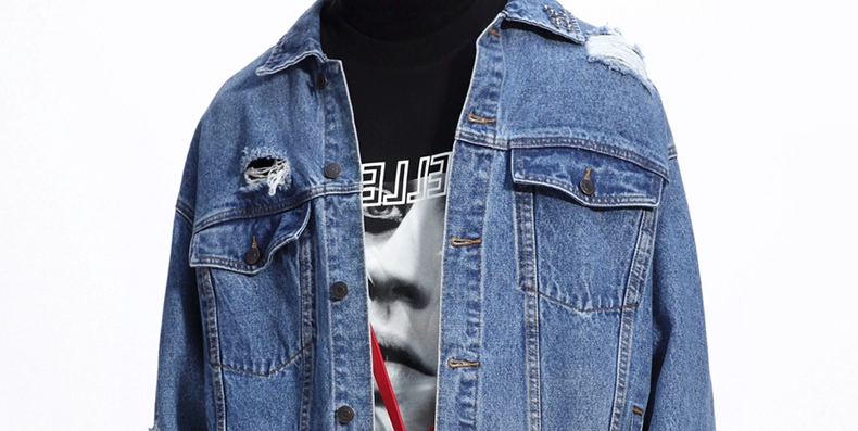 Xu hướng mùa xuân của nam giới TRENDIANO Cotton Loose Hole Casual denim Jacket 3GC104775P - Áo khoác đôi