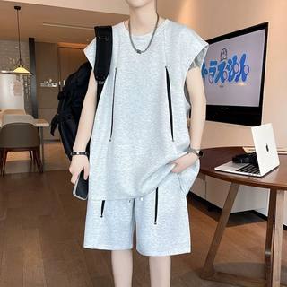 夏季薄款男士无袖T恤套装青少年潮流宽松百搭学生运动休闲两件套