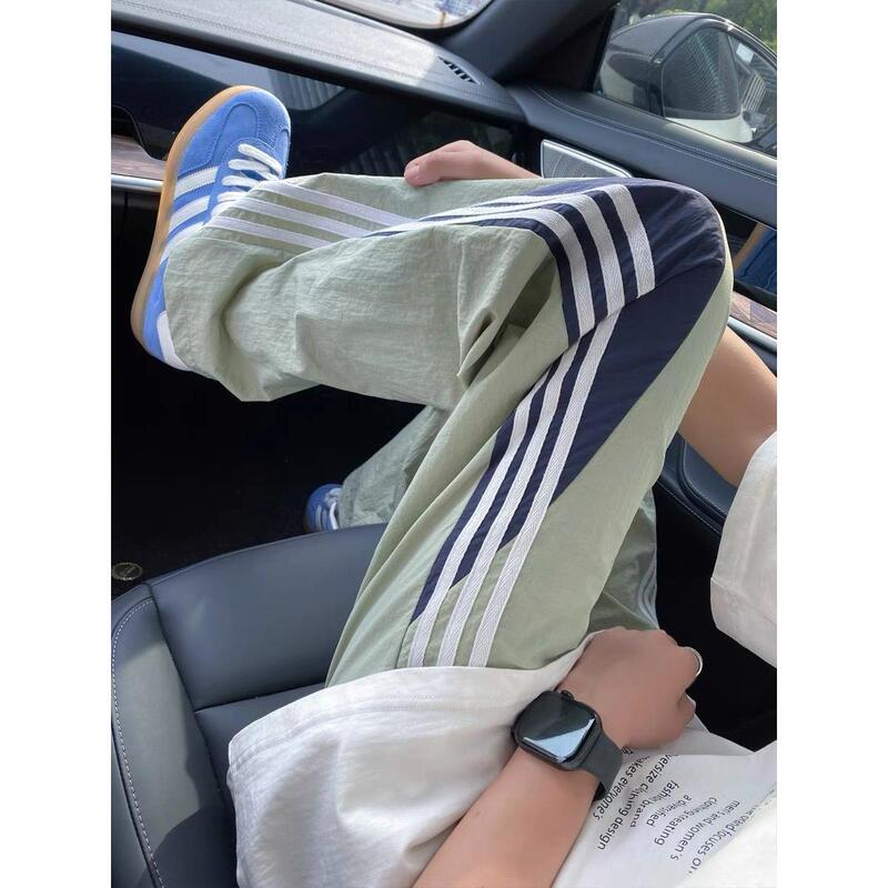 Three-Stripe Quick-Dry Casual Pants for Men and Women, American-Style Niche Patchwork Long Pants, Color-Blocking Trendy Brand Straight-Leg Ice Silk Pants