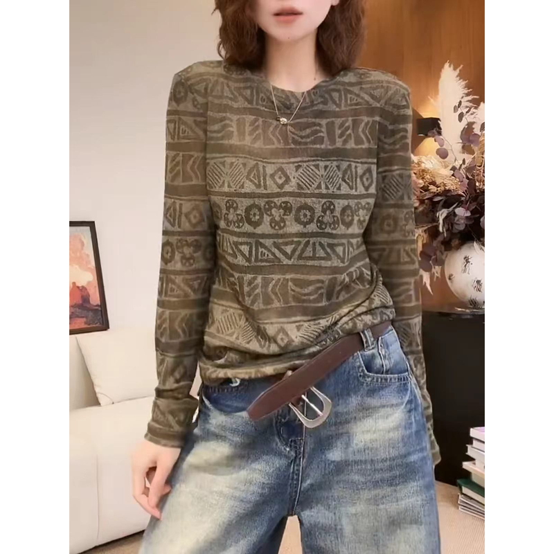 Vintage Printed Thermal Long-Sleeve T-Shirt for Women, 2026 Autumn and Winter New Style, Stylish and Versatile Base Shirt for Middle-Aged Moms Vintage Printed Thermal Long-Sleeve T-Shirt for Women, 2026 Autumn and Winter New Style, Stylish and Versatile Base Shirt for Middle-Aged Moms