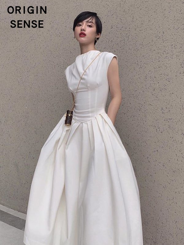 Summer Round-Neck Sleeveless Pure White Elegant Vacation Style Goddess-Style Slim-Fit Pleated Flared Dress