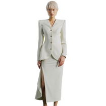 Door of Perception niche design small V-neck personalized design irregular high slit skirt suit two-piece suit