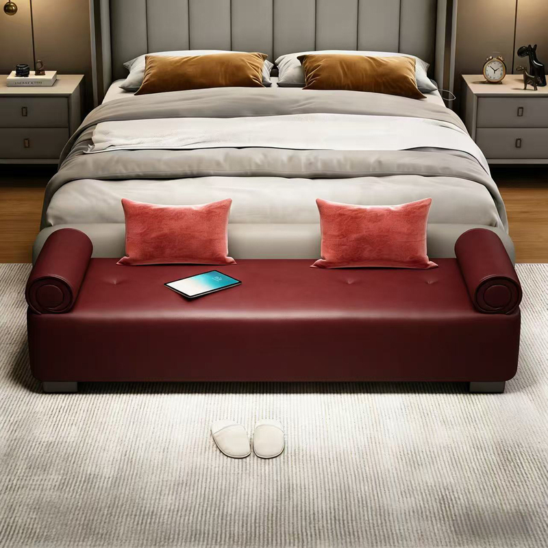 Lotoen Genuine Leather Bed End Bench Modern Minimalist Bedroom Shoe Changing Bench Long Bench Wine Red