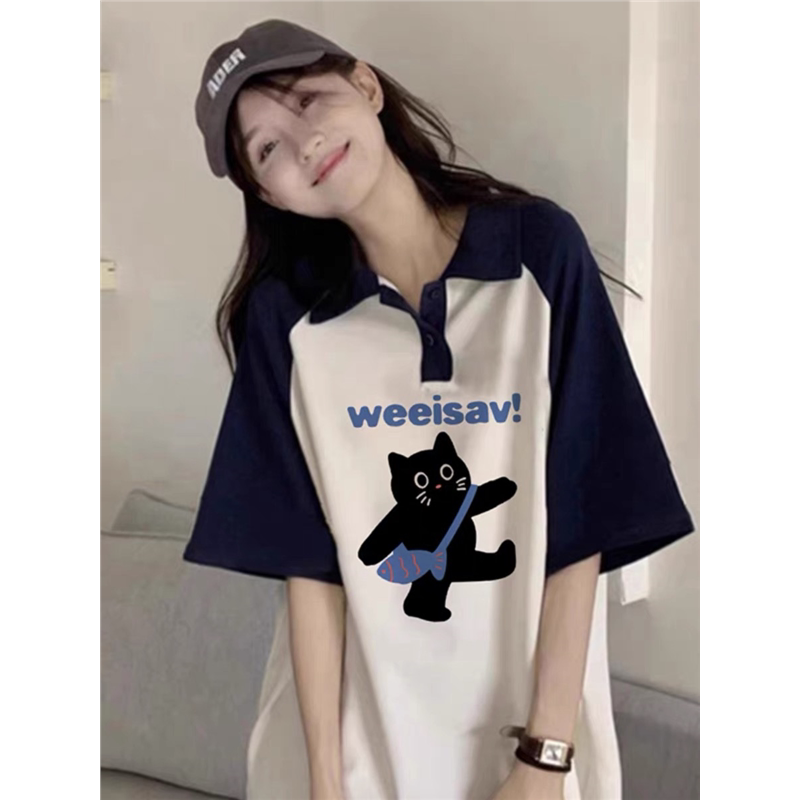 Color-Blocked Polo Shirt for Older Children and Girls, Short-Sleeved T-Shirt for Women, Summer 2026 New Style, Loose Half-Sleeve Top for Junior High School Students