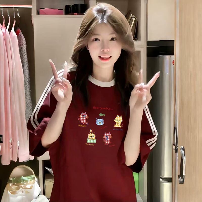 American-Style Burgundy Pure Cotton Short-Sleeved T-Shirt for Girls, Summer Wear 2026 New Model, Loose Top for Middle and High School Students