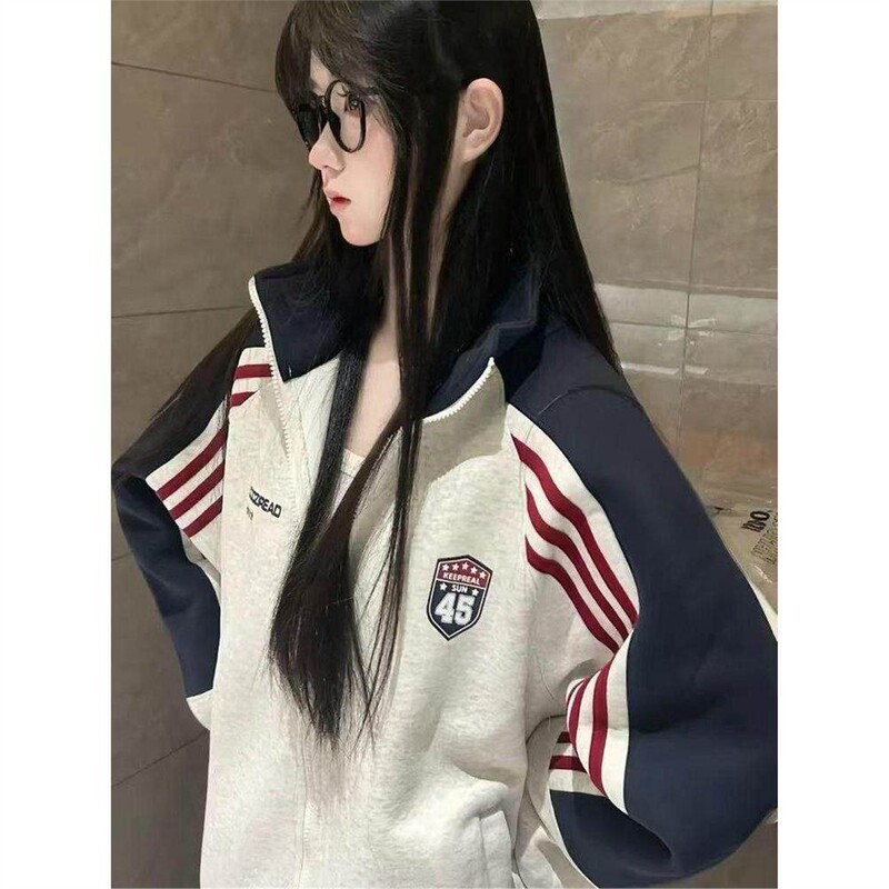 American-Style Striped Color-Block Cardigan Sweatshirt for Girls, Older Children, Spring and Autumn, Middle and High School Students, Stand-Up Collar Jacket Top Coat