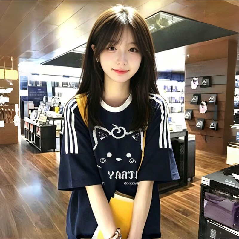 Pure Cotton Three-Stripe Crew Neck Short-Sleeve T-Shirt for Girls, Summer, Loose Fit, Drop Shoulder Sleeves, Trendy Top for Middle and High School Students