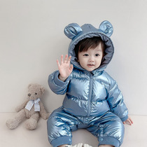 Baby down jacket jumpsuit Infant male and female babies go out in winter thickened 90 white duck down hugging clothes climbing and climbing clothes
