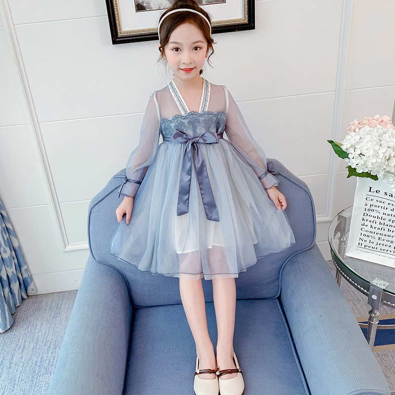 Summer Girls Ocean Dress Children's Nets Red Bursting hanfu Summer clothes Han version of the Korean version of the Scout Princess Pompong Princess Dresses