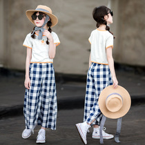 Tide brand childrens suit summer girls Net red pop casual summer dress big children fashionable foreign broad leg pants childrens clothing tide