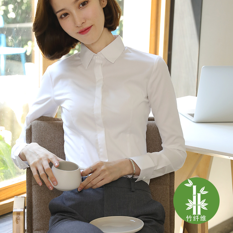 Elastic Bamboo Fiber White Shirt for Women, Long-Sleeved Professional Formal Wear, Korean Style Slim-Fit Work Clothes, Fleece-Lined Shirt for Commuting Elastic Bamboo Fiber White Shirt for Women, Long-Sleeved Professional Formal Wear, Korean Style Slim-Fit Work Clothes, Fleece-Lined Shirt for Commuting