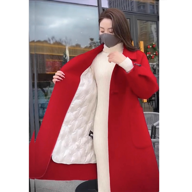 Red Detachable Liner down Jacket Woolen Coat for Women 2026 New Style Fleece-Lined Thickened Woolen Coat for Autumn and Winter