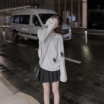 CHICYOU gray white leather cross muscle texture round collar pullover casual loose long sleeve T-shirt tee sweater