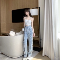 CHICYOU Blue Parquet Flow Subian Trendy Casual Jeans High Waist Display Slim Width Pants 100 Hitch Pants