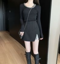 CHICYOU (heart machine Joker King) black sequin split slim fashionable anti-light skirt skirt pants