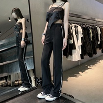 (5 Fold Clear Cabin) High Street Trendy Drilling Edge Pants High Waist Straight Cylinder Casual Pants 100 Lap Long Pants West Dress Pants Woman