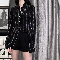  CHICYOU black and white two-color luxury heavy-duty diamond strip Diamond bling sparkling thin all-match fashionable shirt