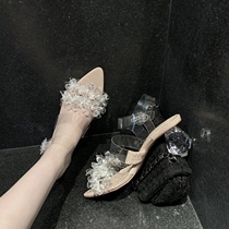 CHICYOU (transparent crystal shoes) petal leaves Pearl fairy girl Crystal heel pvc transparent sandals