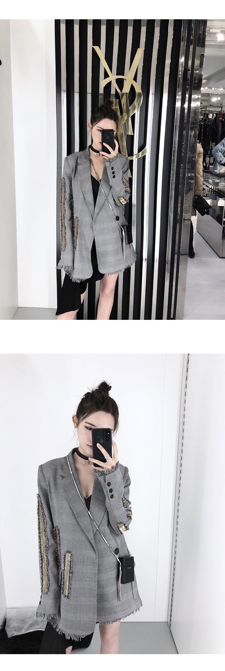 CHICYOU trọng lượng nặng tay màu xám đính cườm thiết kế thích hợp mỏng blazer giản dị quần áo nữ