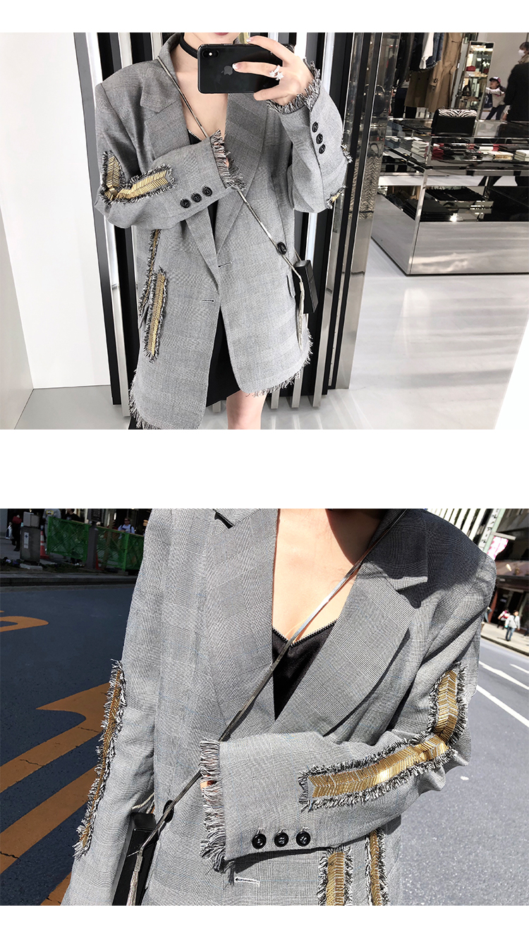 CHICYOU trọng lượng nặng tay màu xám đính cườm thiết kế thích hợp mỏng blazer giản dị quần áo nữ