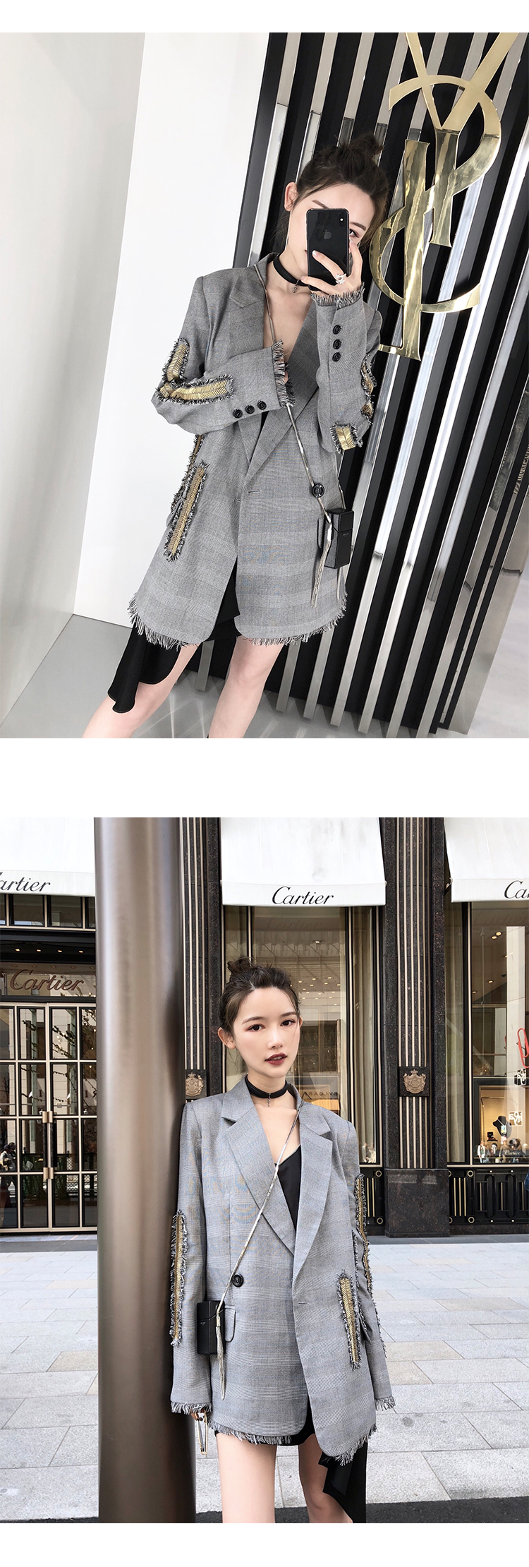 CHICYOU trọng lượng nặng tay màu xám đính cườm thiết kế thích hợp mỏng blazer giản dị quần áo nữ
