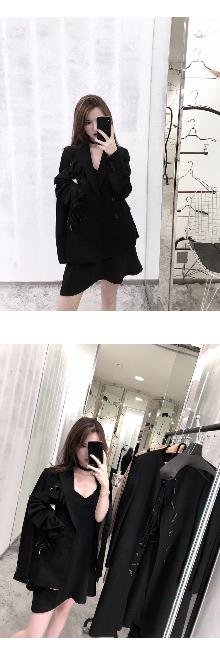 CHICYOU siêu nặng màu đen tối tóc đen tỉa hoa lỗ trang trí blazer hoang dã áo vest dạ nữ