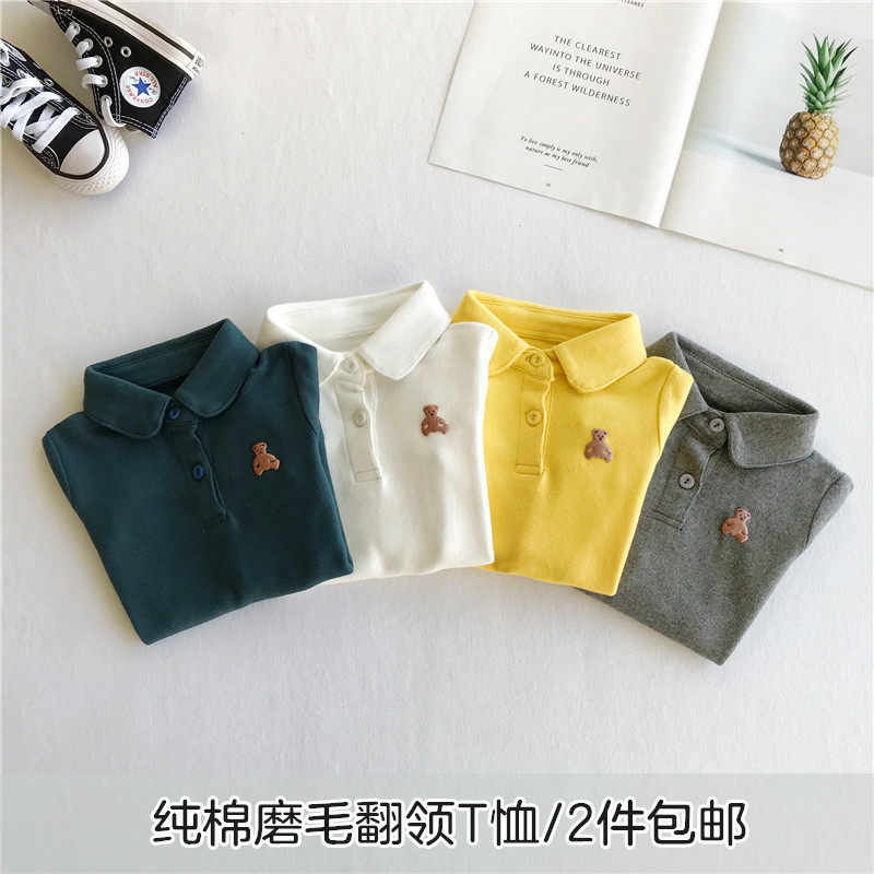 Autumn winter paragraph 3 year old baby thickened pure cotton mill hair beating bottom shirt 4 boy 5 girl baby Bear Polo shirt 100 lap T-shirt
