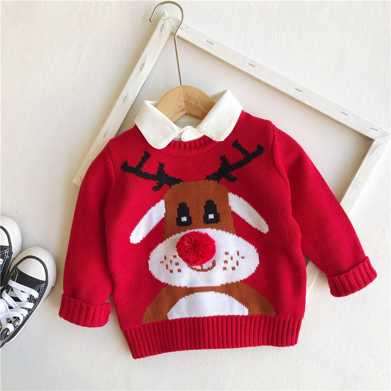 Autumn and winter children's pure cotton thread red sweater baby Christmas deer sweater boys and girls New Year's sweater tide