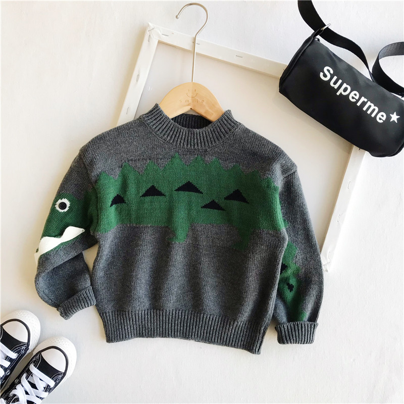 Spring and autumn boy 4 Han edition of loose cotton sweater 5 children's dinosaur semi - tall knitting shirt