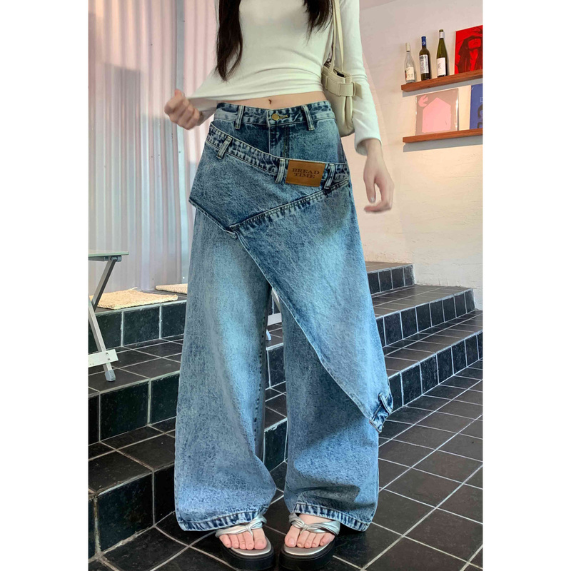 2026 Summer American Street Style Irregular Flared Wide-Leg Straight Jeans Deconstructed Slimming Scimitar Hem Floor-Length Pants