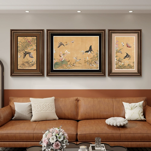 Декоративная роспись гостиной в средневековом стиле, ретро-арт, диван, фон, настенная роспись, новый китайский стиль, творческая атмосфера, триптих, подвесная картина