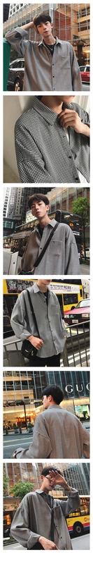 Mùa thu mới Hàn Quốc cổ điển đa năng houndstooth áo sơ mi nam tính khí văn chương tốt kẻ sọc giản dị áo sơ mi dài tay