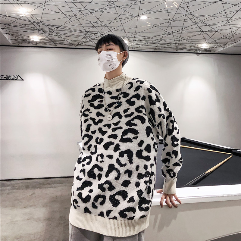 Mùa thu và mùa đông mới tự chế theo phong cách Hồng Kông áo len họa tiết da báo áo cardigan nam