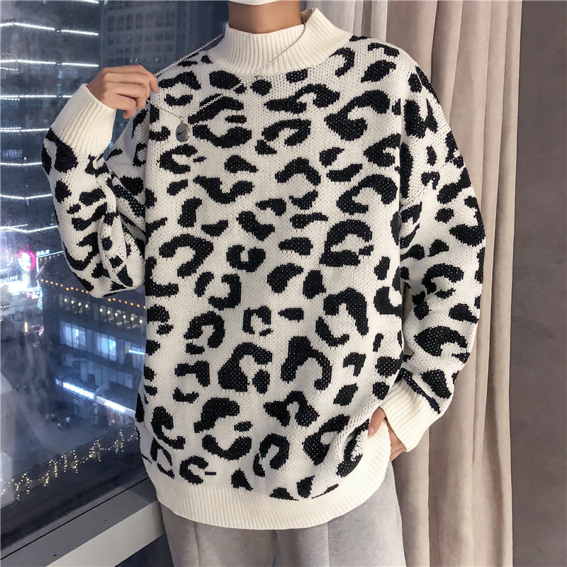 Mùa thu và mùa đông mới tự chế theo phong cách Hồng Kông áo len họa tiết da báo áo cardigan nam