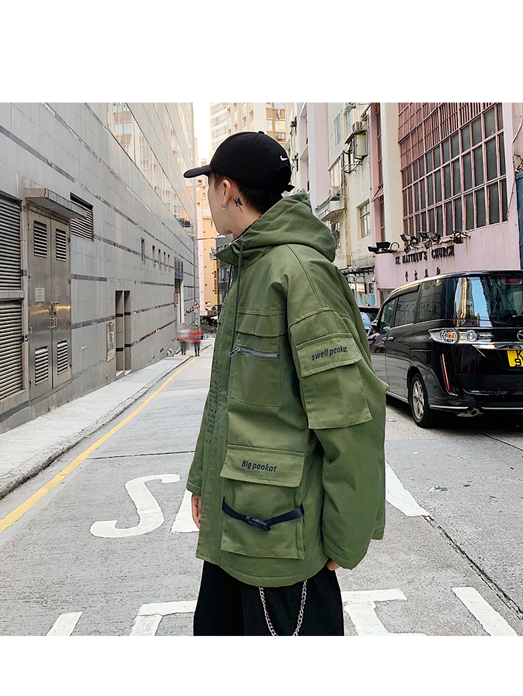 Mùa đông cổng gió xu hướng túi công cụ áo khoác nam Harajuku retro cừu cashmere dày áo trùm đầu bông ấm măng tô nam