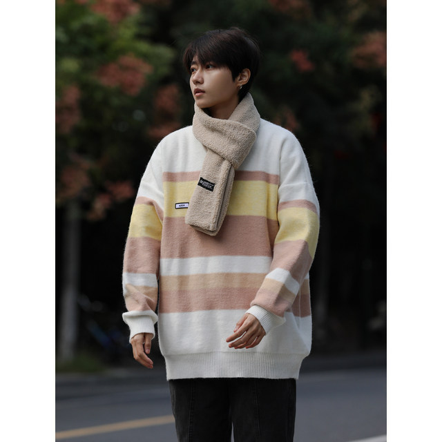 ເຄື່ອງນຸ່ງລະດູຫນາວ Beautget ສີຍີ່ປຸ່ນ block waxy ຄໍມົນອ່ອນ sweater ຄູ່ lazy ວ່າງອົບອຸ່ນ knitted bottoming sweater