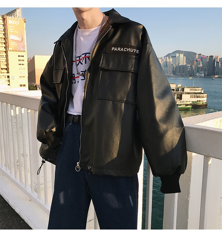Mùa thu mới phong cách Hàn Quốc oversize áo khoác da rộng loại nam đẹp trai bf gió huy hiệu áo khoác da thủy triều áo phao lông vũ
